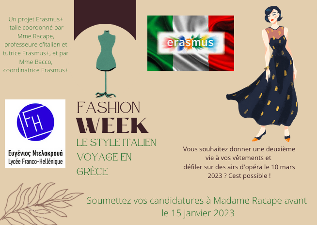 FASHION WEEK  "le style italien voyage en Grèce" : Appel à candidatures pour le défilé de mode Erasmus+ ITALIE au LFHED-2